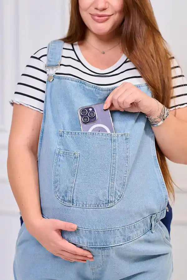 Light wash denim maternity dungarees - with pockets | Tobay