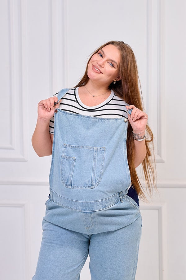 Light wash denim maternity dungarees - with pockets | Tobay