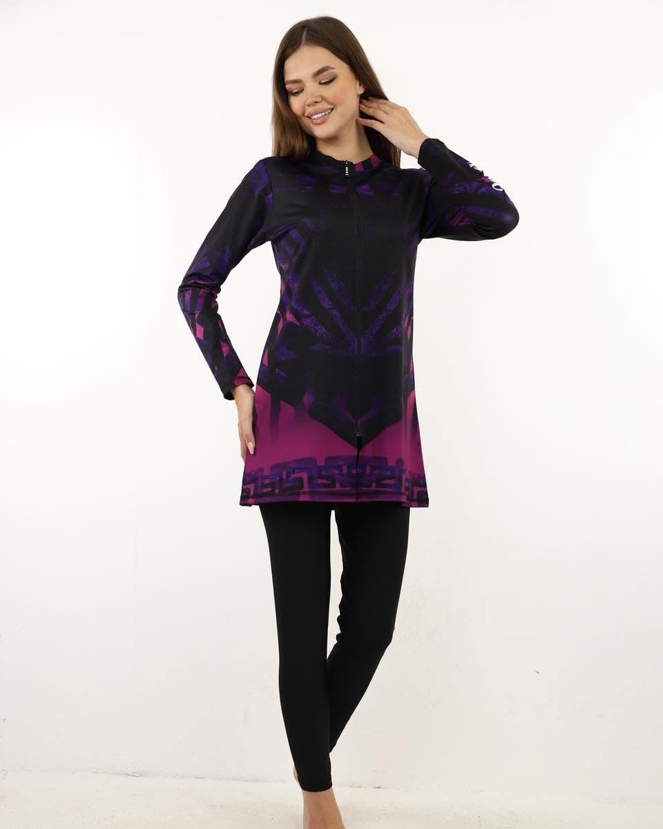 "Purple & Black Print" Modest & Comfortable Swimsuit | TOBAY