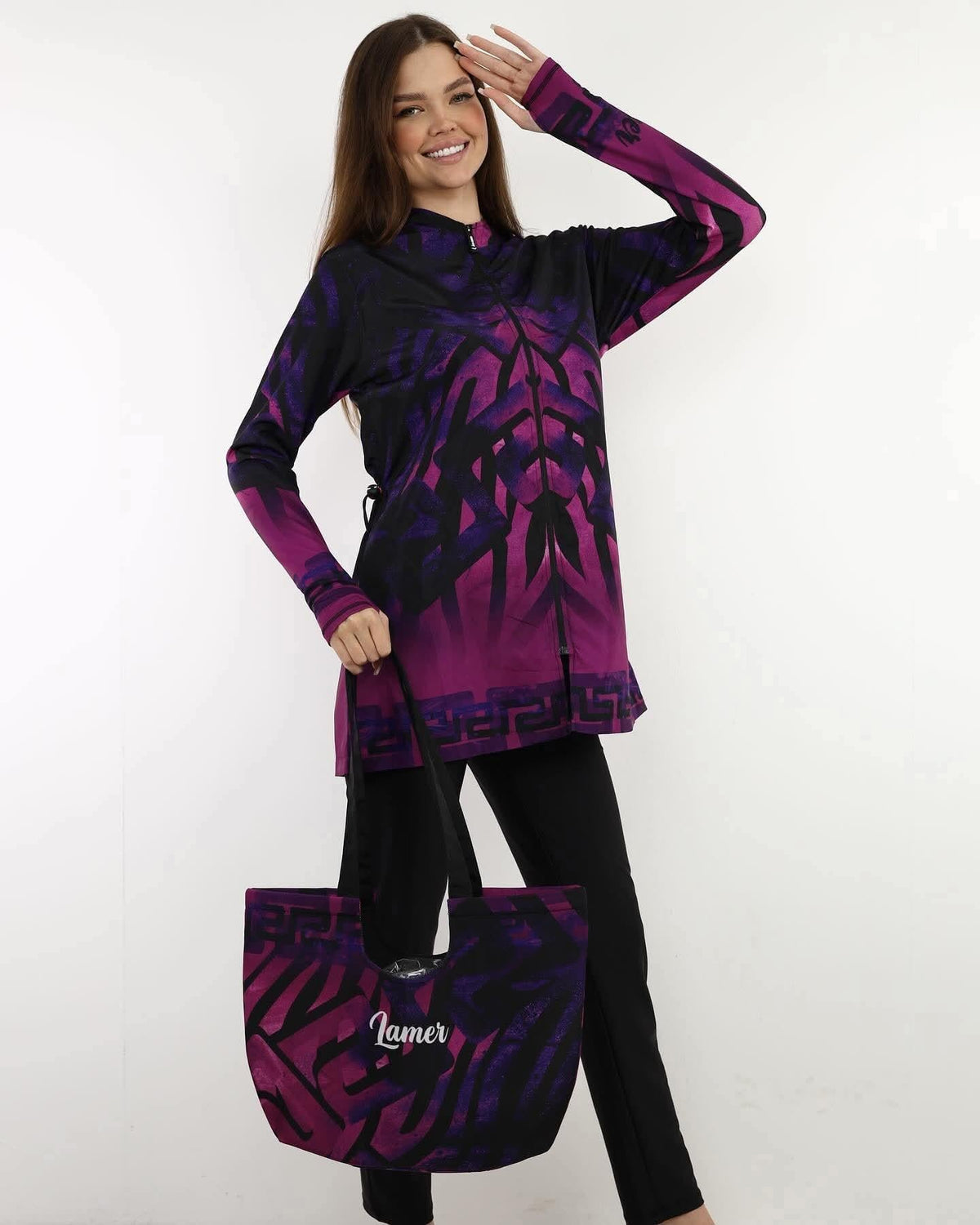 "Purple & Black Print" Modest & Comfortable Swimsuit | TOBAY