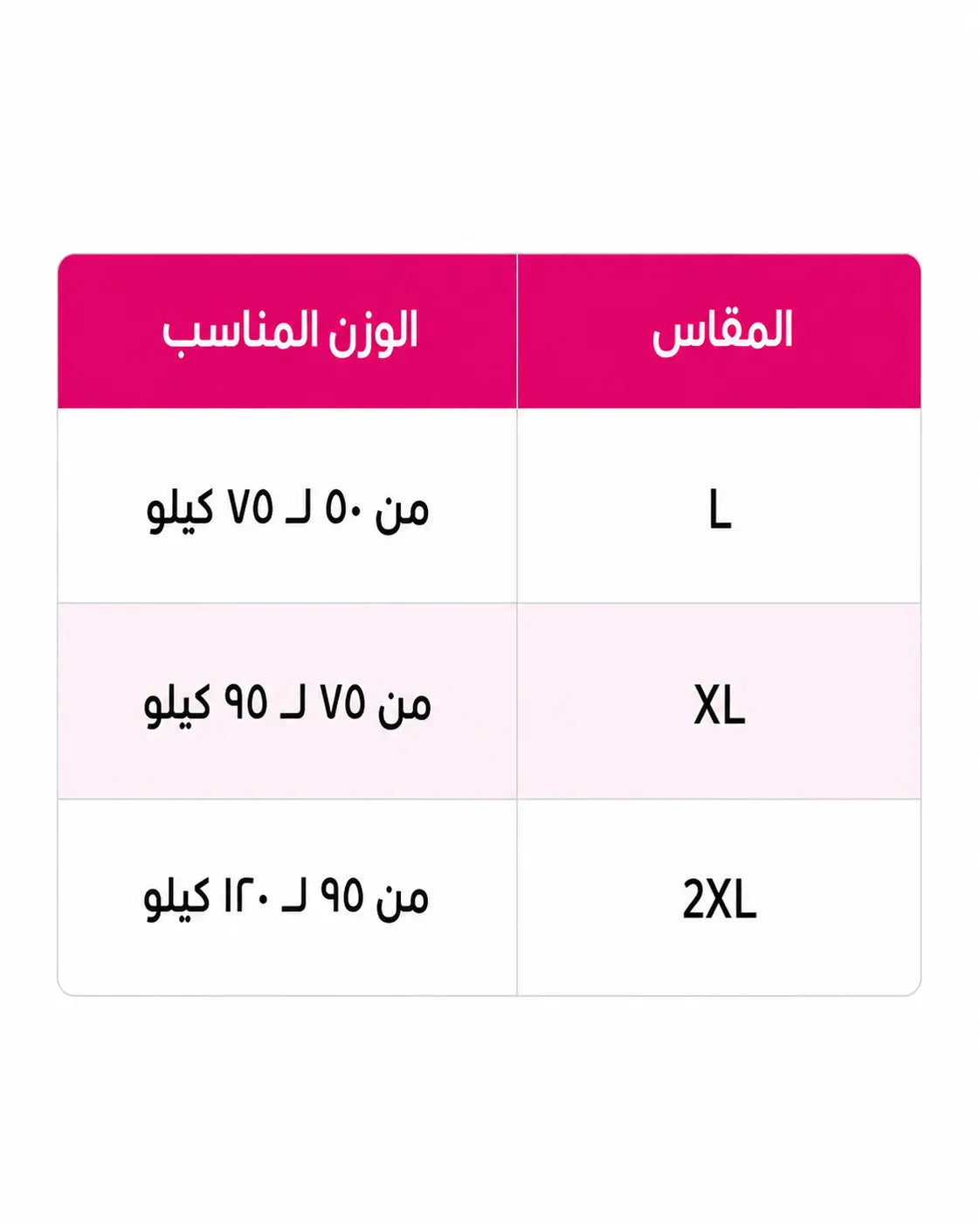 جدول المقاسات