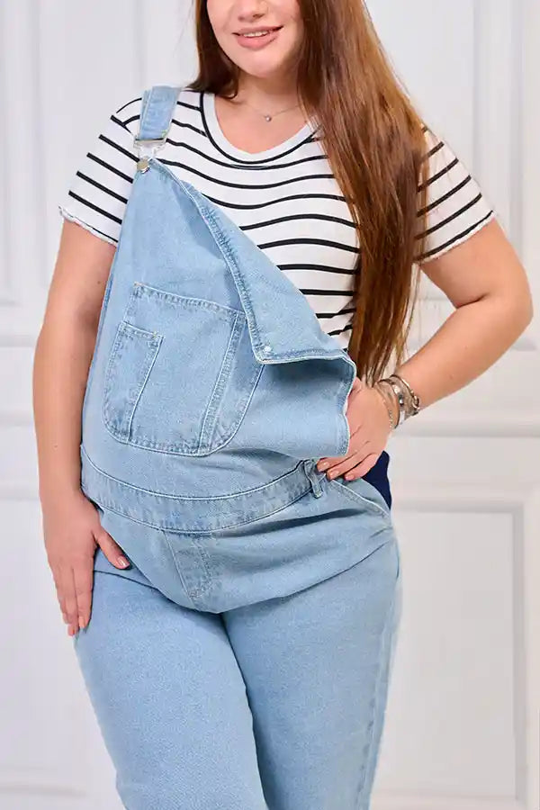 Light wash denim maternity dungarees - with pockets | Tobay
