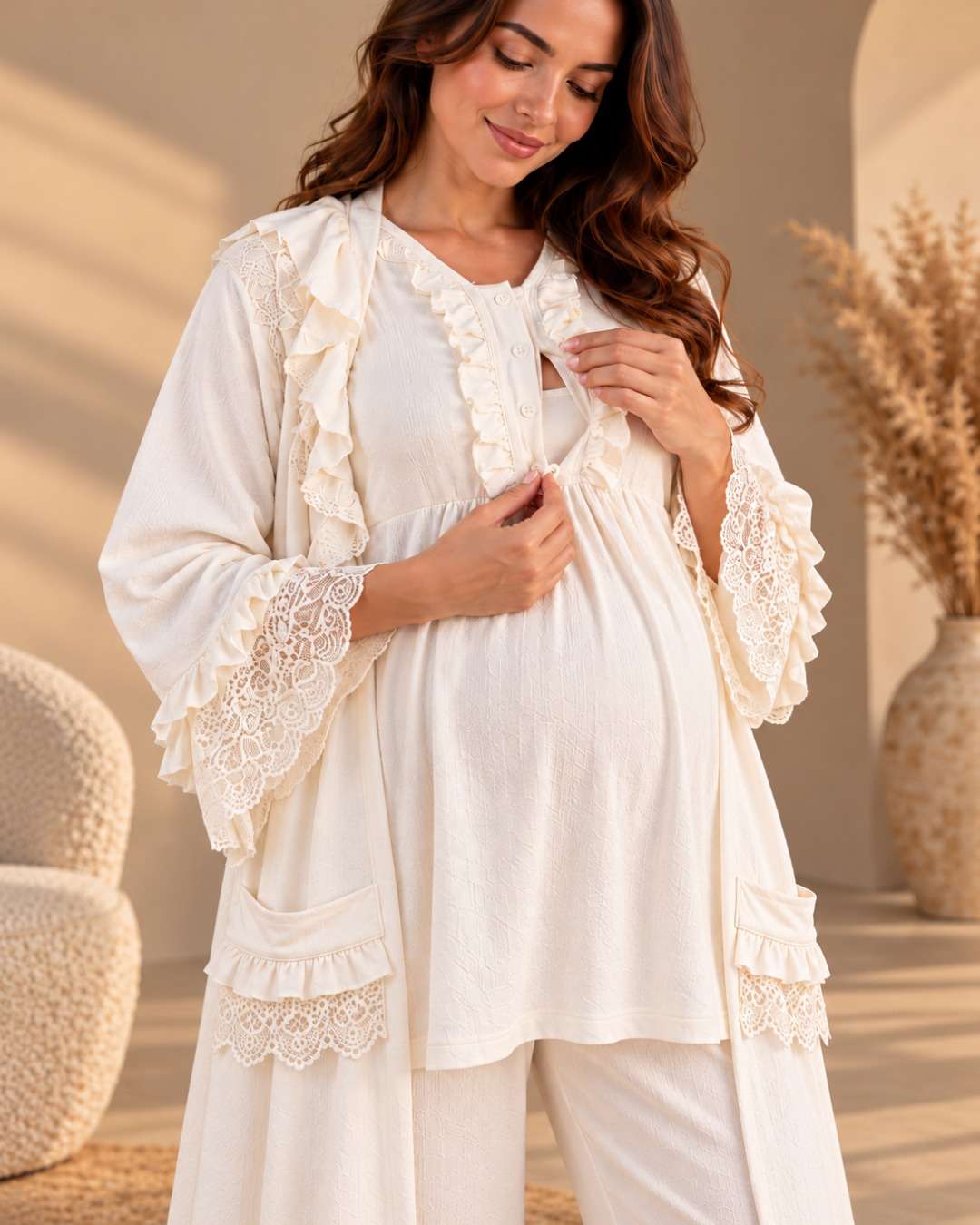 Maternity & Nursing Pajama Set – 3-Piece off-white | TOBAY