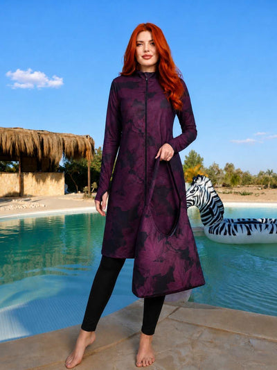مايوه محجبات Burgundy Bloom – بوركيني وتر بروف