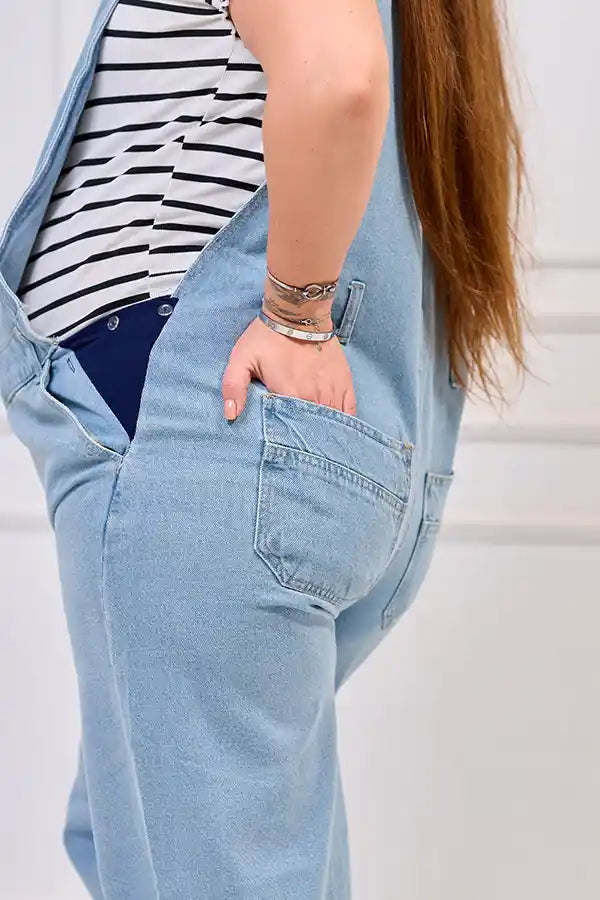Light wash denim maternity dungarees - with pockets | Tobay
